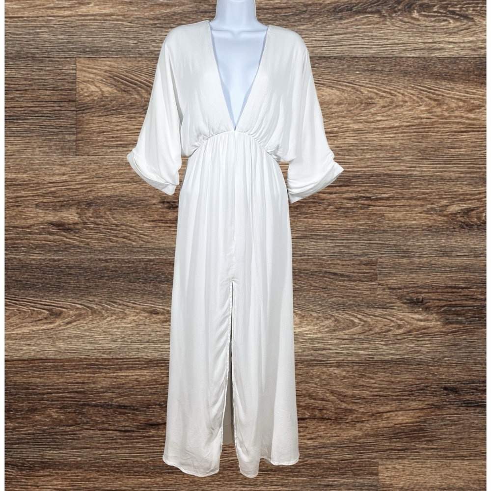 Girl & the Sun Bayview Dress Womens L White Deep V-Neck Empire Waist Flowy Beach